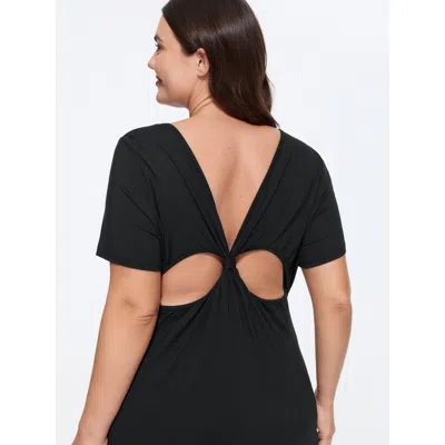 Bloomchic Knotted Back Cut Out Fitted Plain T-shirt In Black