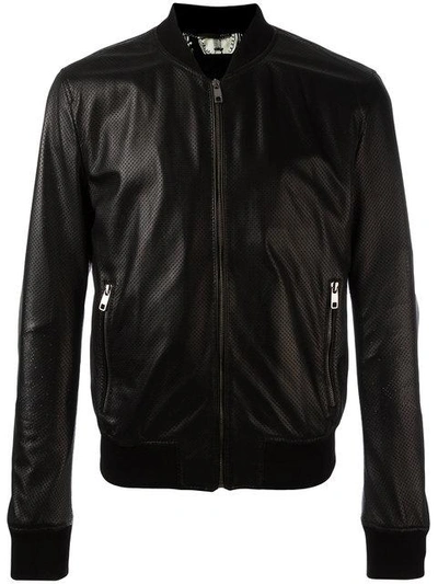 Shop Dolce & Gabbana Perforated Leather Bomber Jacket In Black