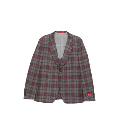 Isaia Check-pattern Notch-lapel Blazer In Grey/red
