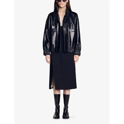 Sandro Womens  Oversized High-neck Leather Jacket In Black