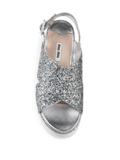 Shop Miu Miu Glitter Crisscross Platform Slingback Sandals In Argento