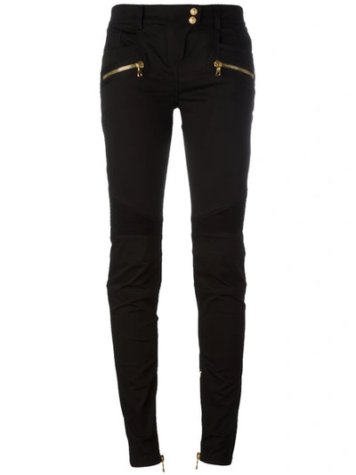 Balmain Moto-style Sateen Skinny Trousers In Black