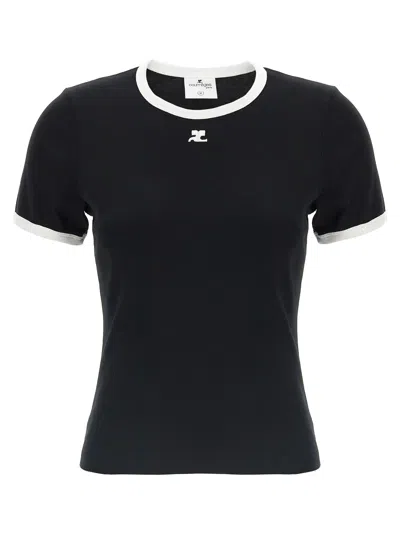 Courrèges Courreges Women Cotton T Shirt With Contrasting Profiles In Black