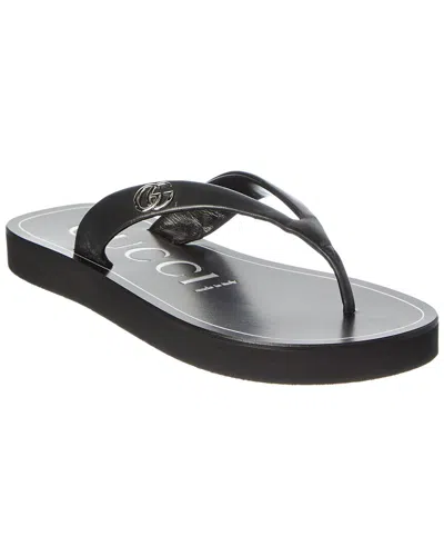 Gucci Black Nappa Leather Platform Thong Sandals With Double G In Black