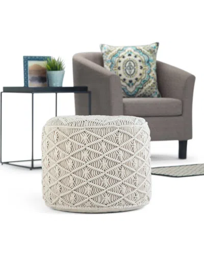 Simpli Home Coates Boho Round Macrame Pouf In White