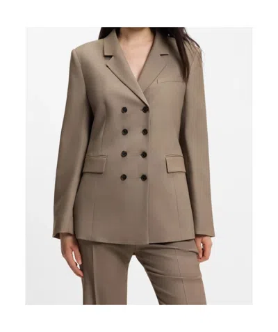 Hugo Boss Structured Brown Double-breasted Blazer With Notched Lapel In Brown