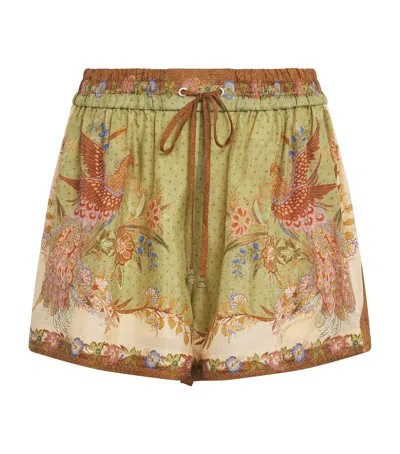 Zimmermann Indra Relaxed Silk Shorts Khaki Scarf Floral In Green