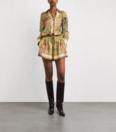 Zimmermann Indra Relaxed Silk Shorts Khaki Scarf Floral In Green
