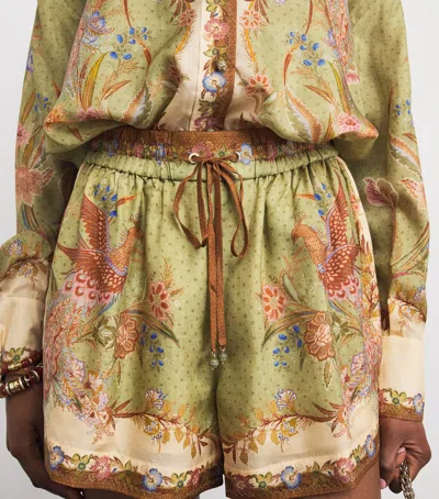 Zimmermann Indra Relaxed Silk Shorts Khaki Scarf Floral In Green