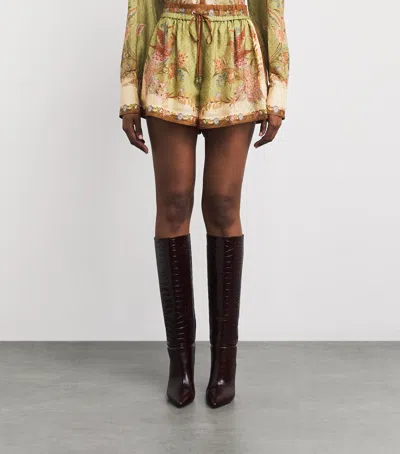 Zimmermann Indra Relaxed Silk Shorts Khaki Scarf Floral In Green