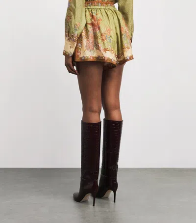 Zimmermann Indra Relaxed Silk Shorts Khaki Scarf Floral In Green