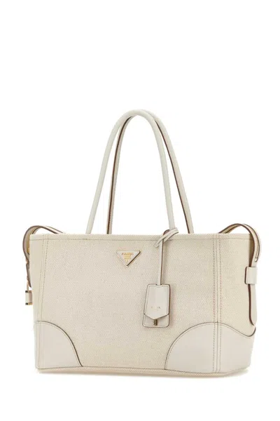 Prada White Canvas Large Shopping Bag In Pattern