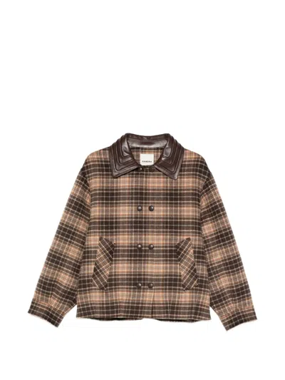 Sandro Check Jacket With Leather Collar In Multi