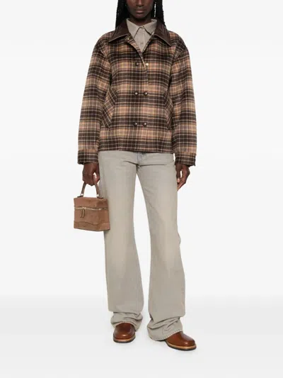Sandro Check Jacket With Leather Collar In Multi