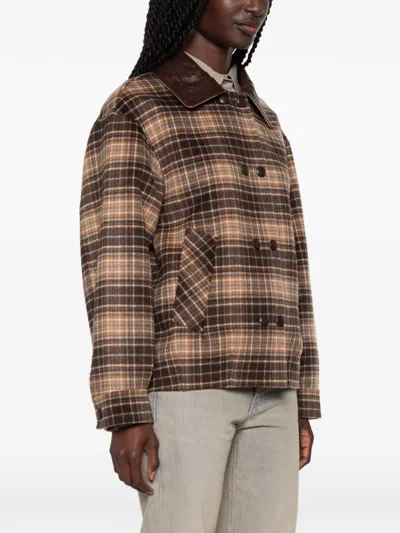 Sandro Check Jacket With Leather Collar In Multi