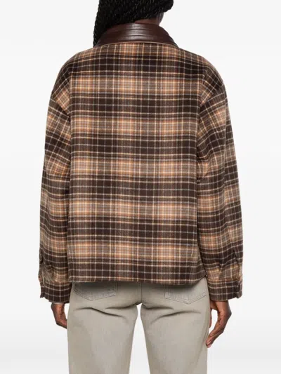 Sandro Check Jacket With Leather Collar In Multi