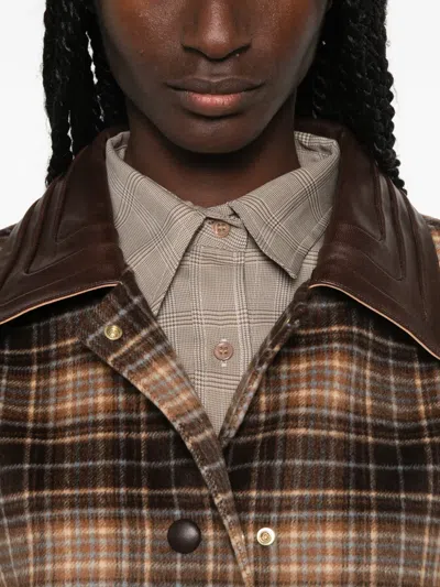 Sandro Check Jacket With Leather Collar In Multi