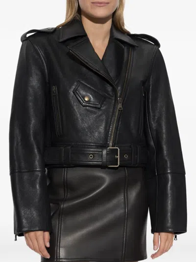 Balmain Collared Long-sleeved Leather Jacket In Black