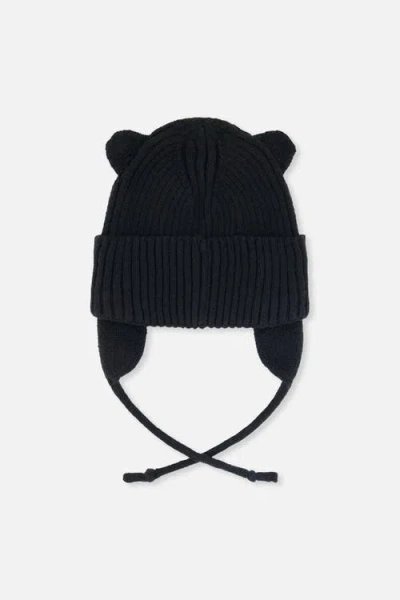 Deux Par Deux Knit Bear Ear Tie String Hat In Black