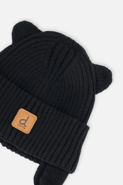 Deux Par Deux Knit Bear Ear Tie String Hat In Black