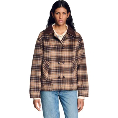 Sandro Check Jacket With Leather Collar In Brown