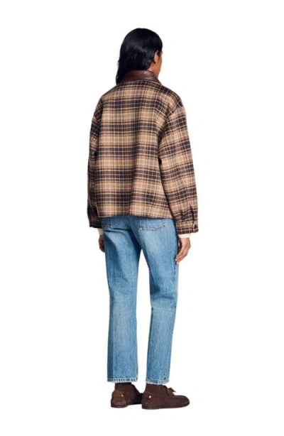 Sandro Check Jacket With Leather Collar In Brown