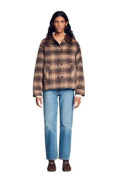 Sandro Check Jacket With Leather Collar In Brown