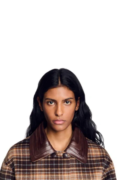 Sandro Check Jacket With Leather Collar In Brown