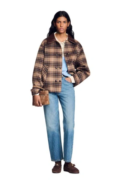 Sandro Check Jacket With Leather Collar In Brown