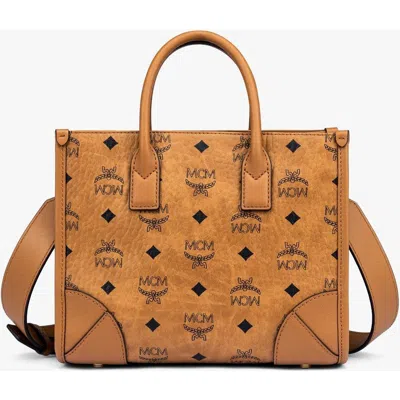 Mcm Structured Monogram Print Tote Bag In Cognac
