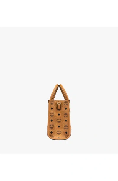Mcm Structured Monogram Print Tote Bag In Cognac