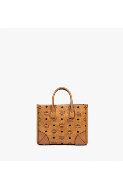 Mcm Structured Monogram Print Tote Bag In Cognac