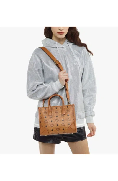 Mcm Structured Monogram Print Tote Bag In Cognac