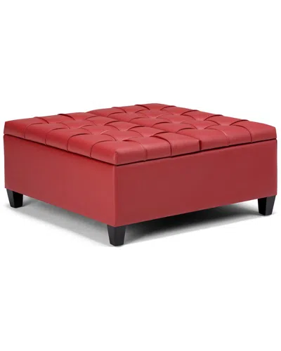 Simpli Home Harrison 36in Transitional Square Coffee Table Storage Ottoman In Red