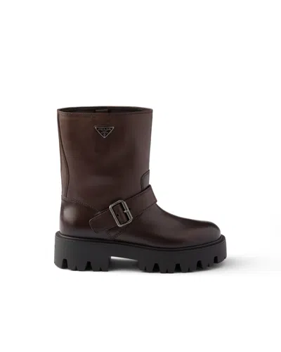 Prada Leather Booties In Brown