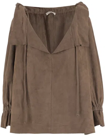 By Malene Birger Ruffled V-neck Suede Blouse With Drawstring Closure In Brown