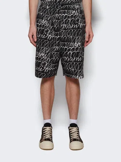 Marni Scribbled Popeline Drawstring Shorts In Black In Black