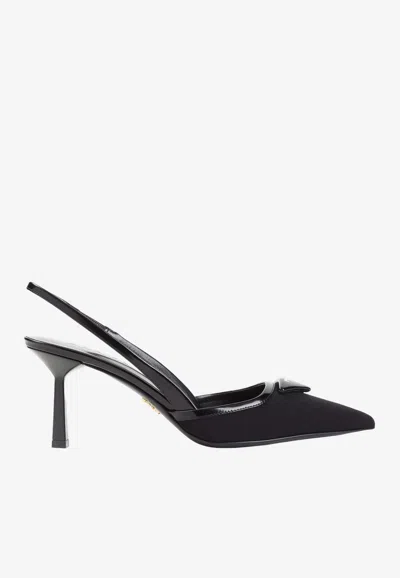 Prada 70 Triangle Logo Leather And Mesh Slingback Pumps In Black