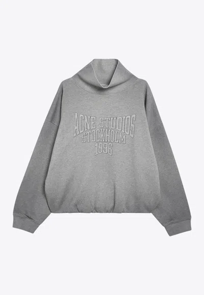 Acne Studios Brushed Cotton Fleece Funnel Neck Logo Sweatshirt With Balloon Hem In Gray