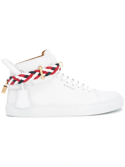 Buscemi Men's 100mm Leather Mid-top Sneakers With Woven Strap, White In White & Multi