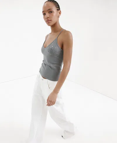 Mango Sparkly Top With Thin Straps In Light Pastel Gray