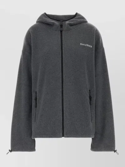 Miu Miu Hooded Jacket Elasticated Cuffs Drawstring Hem In Gray