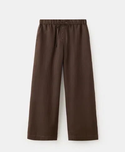 Mango Pull-on Wide Leg Linen Pants In Dark Brown