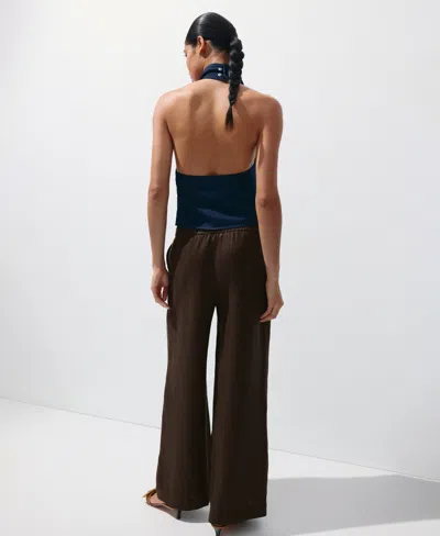 Mango Pull-on Wide Leg Linen Pants In Dark Brown