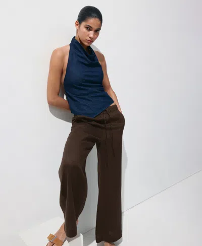 Mango Pull-on Wide Leg Linen Pants In Dark Brown