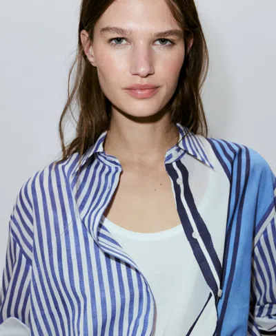 Mango Stripe Cotton Button-up Shirt In Medium Blue