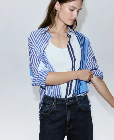 Mango Stripe Cotton Button-up Shirt In Medium Blue