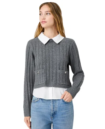 French Connection Aleyna Knit Combo Collared Pullover In Stone Heather Grey,winter White