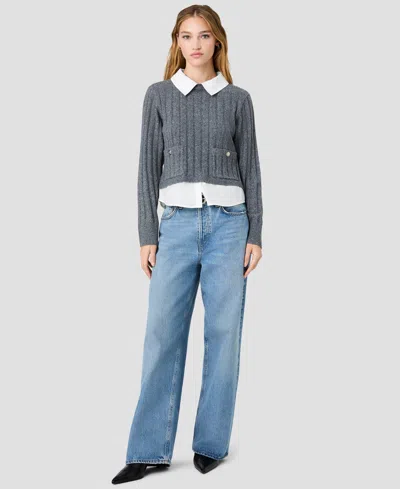 French Connection Aleyna Knit Combo Collared Pullover In Stone Heather Grey,winter White