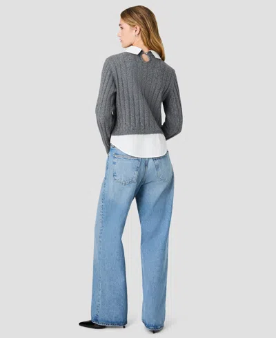 French Connection Aleyna Knit Combo Collared Pullover In Stone Heather Grey,winter White